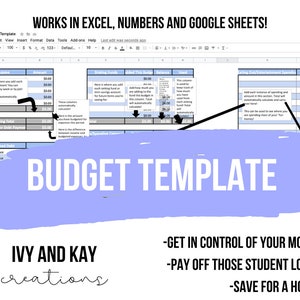 Könnte beinhalten: Ein lila und blaues Grafikdesign mit dem Text "BUDGET TEMPLATE" in Weiß. Das Grafikdesign befindet sich über einer Tabellenkalkulation mit dem Text "WORKS IN EXCEL, NUMBERS AND GOOGLE SHEETS!" oben. Der Text "IVY AND KAY creations" befindet sich unten im Grafikdesign. Unter dem Grafikdesign befindet sich der Text "GET IN CONTROL OF YOUR MONEY", "PAY OFF THOSE STUDENT LOANS" und "SAVE FOR A HOUSE".
