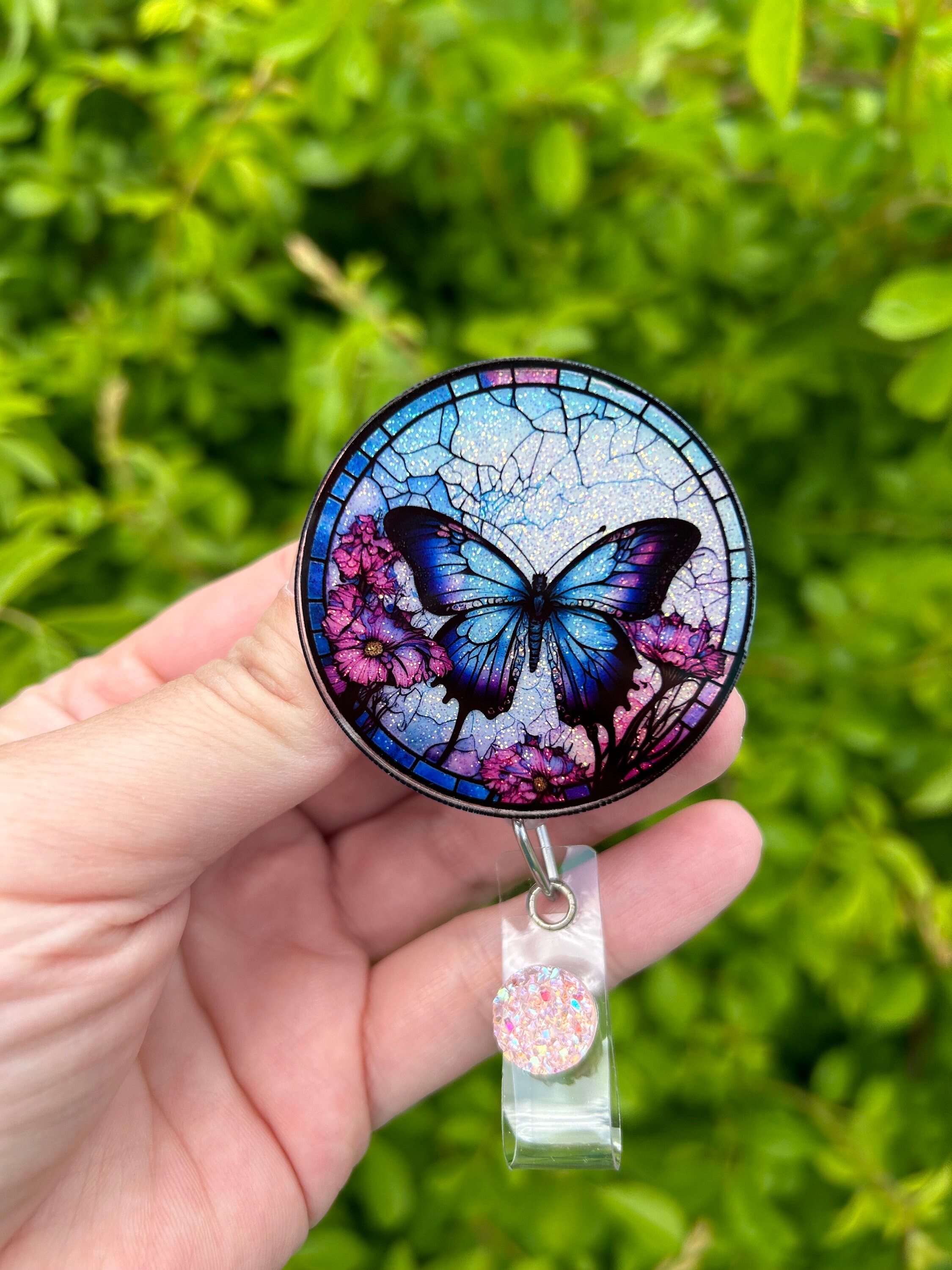 Stained Glass Butterfly Badge Reel, Butterfly Badge Reel, ID