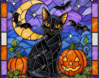Halloween Black Cat PNG, Stained Glass Cat PNG, Pumpkin Halloween Sublimation Design, Spooky Cat Digital Download