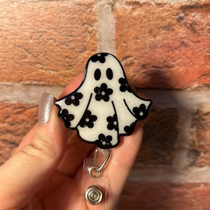 Floral Ghost badge reel, Halloween, Halloween badge reel, Badge holder, ID holder, Retractable reel, Gift idea, Ghost, interchangeable