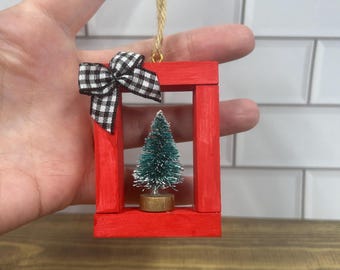 Handmade Rustic Red Wood Christmas Ornament, Bottle Brush Tree & Gingham Bow