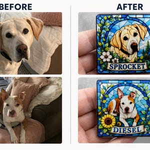 May include: Two square decorative tiles featuring custom stained glass style illustrations of dogs. The top tile shows a yellow Labrador with the name SPROCKET. The bottom tile shows a brown and white dog with the name DIESEL, surrounded by sunflowers.