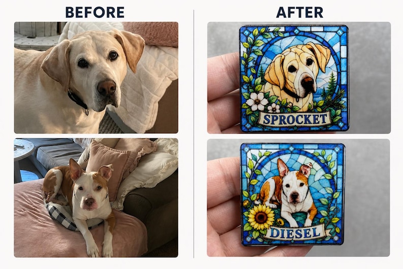 May include: Two square decorative tiles featuring custom stained glass style illustrations of dogs. The top tile shows a yellow Labrador with the name SPROCKET. The bottom tile shows a brown and white dog with the name DIESEL, surrounded by sunflowers.