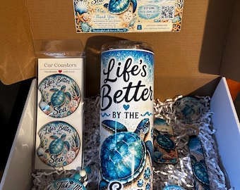 Sea Turtle Gift Set | 20 oz Tumbler | Beach Lover Gift | Car Accessories Gift Box | Handmade 7 Piece Set
