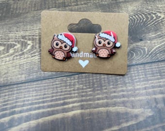 Handmade Christmas Owl Stud Earrings | Holiday Jewelry
