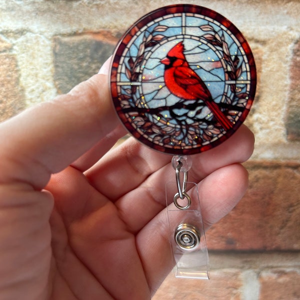 Stained glass Cardinal badge reel, Cardinal badge reel, ID holder, Badge holder, Retractable reel, Gift idea, Bird, Interchangeable