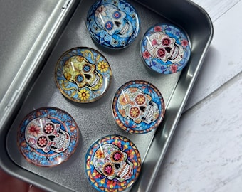 Sugar Skull Glass Magnets - Handmade Decorative Fridge Magnets (Set of 6)