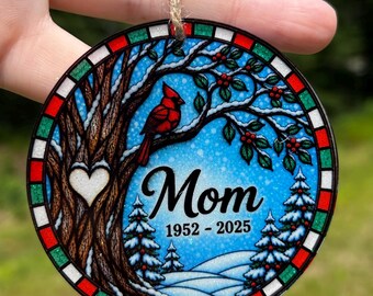 Personalized Cardinal Memorial Ornament, 3 Inch Acrylic Remembrance Christmas Ornament, In Memory of Loved One, Faux Stained Glass