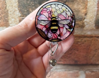 Stained glass Bumblebee badge reel, bumblebee badge reel, ID holder, Badge holder, Retractable reel, Gift idea, bee, buzz, Interchangeable