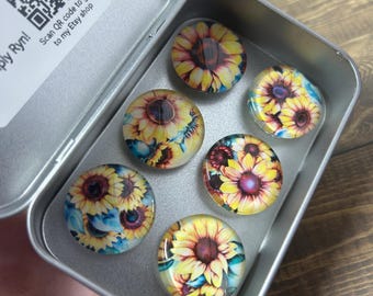 Sonnenblume Glas Cabochon Magnete - Set von 6, Metalldose