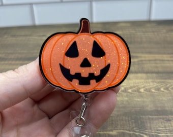 Glittered Jack O Lantern Badge Reel, Interchangeable Halloween ID Holder