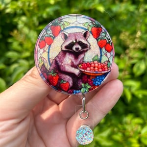 Stained glass Raccoon badge reel, Raccoon badge reel, ID holder, Badge holder, Retractable reel, Gift idea, Raccoon, Interchangeable