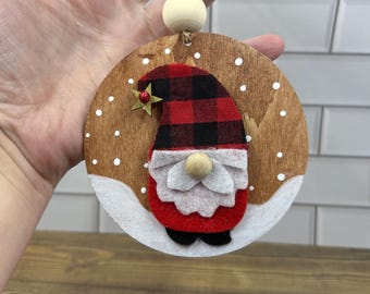 Handmade Gnome Christmas Ornament, Buffalo Plaid Hat, Farmhouse Decor