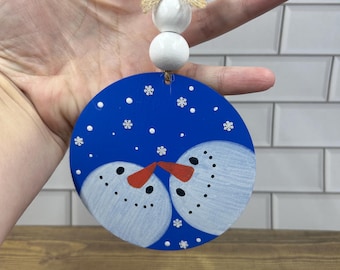Hand Painted Snowmen Wooden Ornament, Rustic Holiday Decor