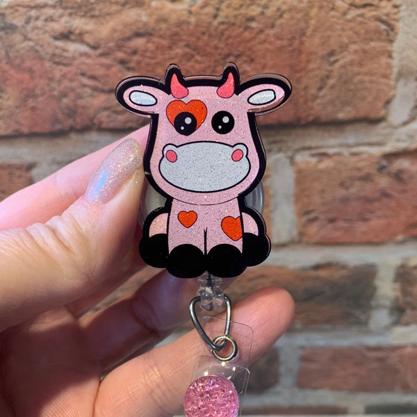 Valentine's day baby cow badge reel, V Day, Love, Hearts, gift idea, retractable reel, badge holder, Cow, Interchangeable