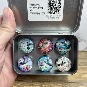 Hummingbird Glass Cabochon Magnets – Set of 6, Metal Tin