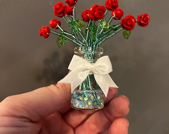 Mini Rose Bouquet Magnet – Handmade Forever Flowers in Glass Bottle – Cute Gift for Mom, Teacher, Valentine, Desk Decor