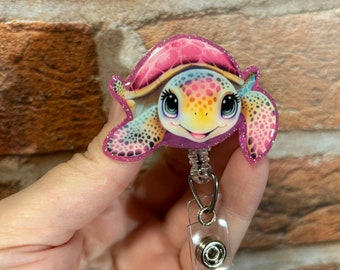 Cute sea turtle badge reel, ID holder, Badge holder, Retractable reel, Gift idea, cute badge reel, sea turtle, pink sea turtle