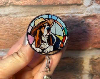 Stained glass Bassett hound badge reel, ID holder, Badge holder, Retractable reel, Gift idea, Bassett hound, Dog lover, Glitter badge reel