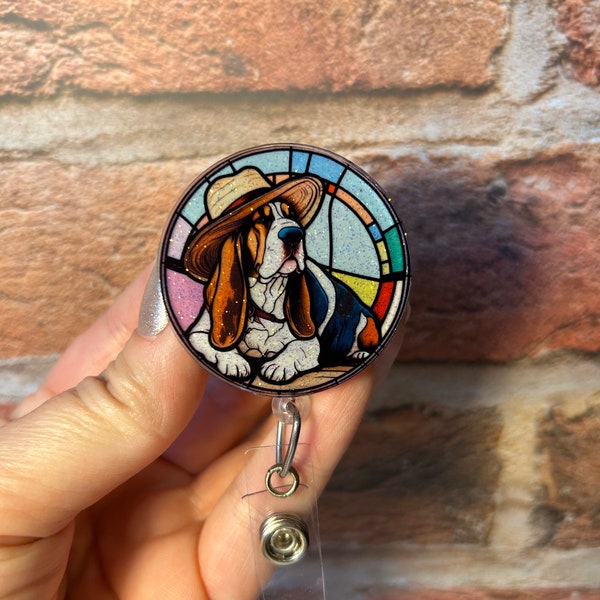 Stained glass Bassett hound badge reel, ID holder, Badge holder, Retractable reel, Gift idea, Bassett hound, Dog lover, Glitter badge reel