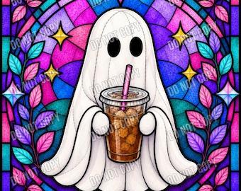 Stained Glass Ghost With Iced Coffee, Spooky Halloween Design (Digital Download)
