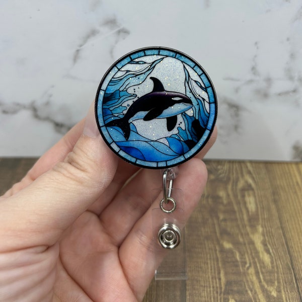 Stained glass Whale badge reel, Whale badge reel, ID holder, Badge holder, Retractable reel, Gift idea, Whale, Interchangeable