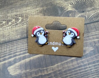 Christmas Penguin Earrings – Candy Cane Studs – Handmade Shrink Plastic Earrings