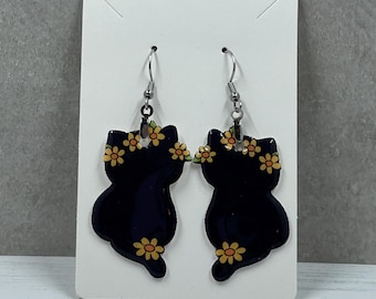 Cute Cat earrings, Dangle earrings, Stainless steel earrings, Cat earrings, Cats, Kitty, Gift idea, Cat lovers, Daisies