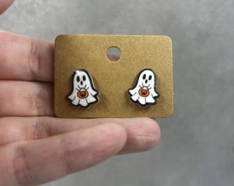 Handmade Ghost Stud Earrings, Ghost with pumpkin earrings, Halloween Jewelry