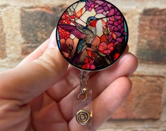 Stained glass Hummingbird badge reel, hummingbird badge reel, ID holder, Badge holder, Retractable reel, Gift idea, Bird