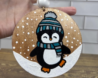 Hand Painted Penguin Wood Ornament, Rustic Christmas Decor