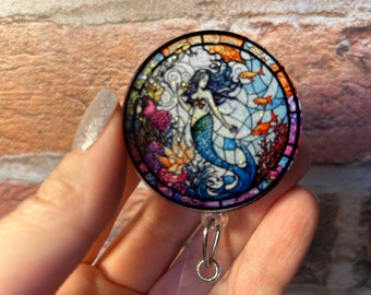 Stained glass Mermaid badge reel, mermaid badge reel, ID holder, Badge holder, Retractable reel, Gift idea, Mermaid, Interchangeable