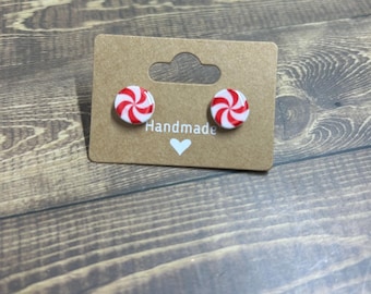 Christmas Peppermint Studs, Handmade Shrink Plastic Candy Earrings, Red & Red/Green Options, Holiday Accessories