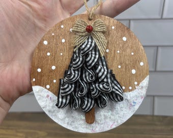Handmade Ribbon Christmas Tree Ornament, Rustic Wood Farmhouse Decor