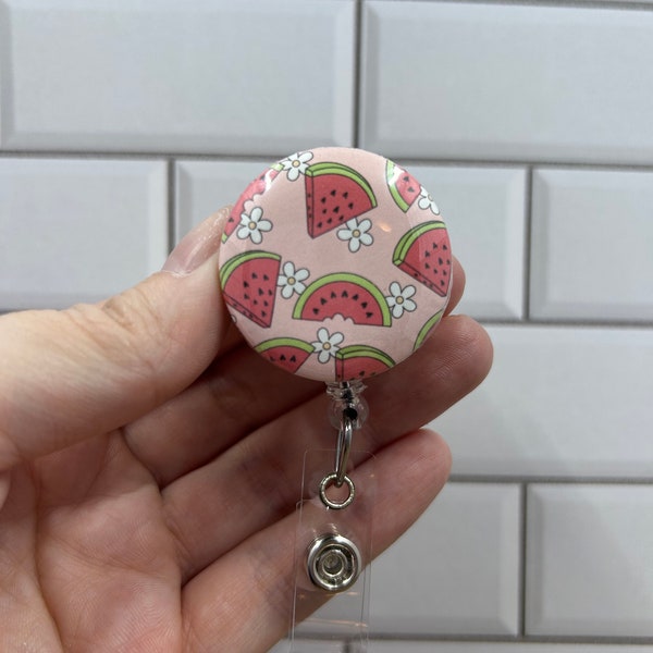 Watermelon badge reel, Summer, ID holder, Badge holder, Retractable reel, Interchangeable, Cute badge reel, Button pin, Summertime