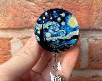 Stained glass starry night badge reel, Starry night, badge reel, ID holder, Badge holder, Retractable reel, Gift idea, Interchangeable
