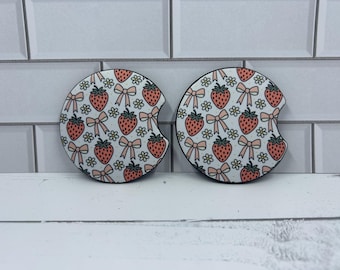 Strawberry Car Coasters, Bows, Neoprene Cup Holder Coasters, Set of 2