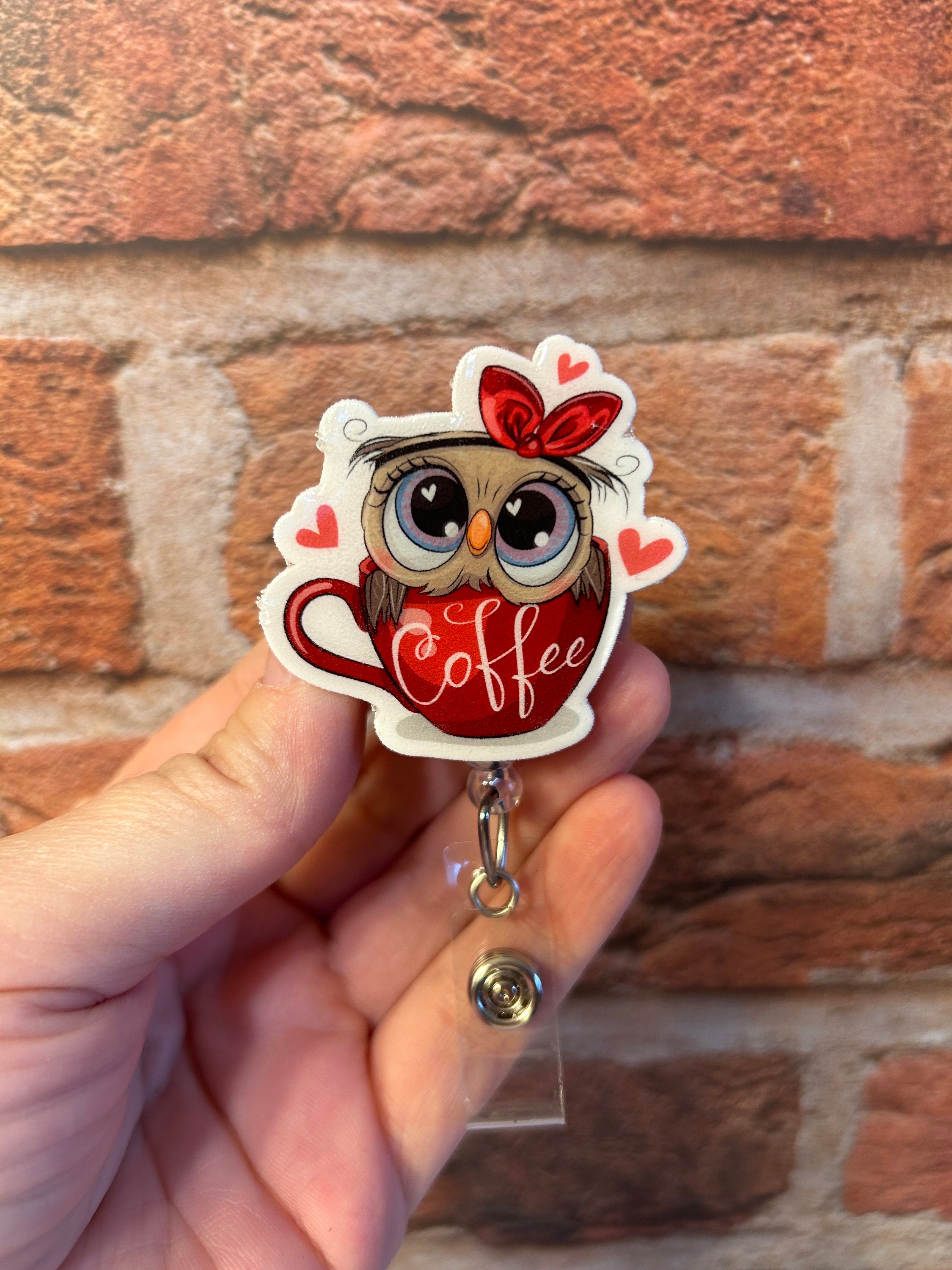 Cute Owl in Coffee Cup Badge Reel, Badge Holder, ID Holder