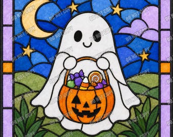 Stained Glass Ghost PNG, Cute Halloween Ghost Digital Download, Ghost With Pumpkin Candy Bucket, Sublimation Design, Halloween PNG