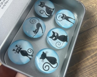 Cat Glass Cabochon Magnets - Set of 6, Metal Tin