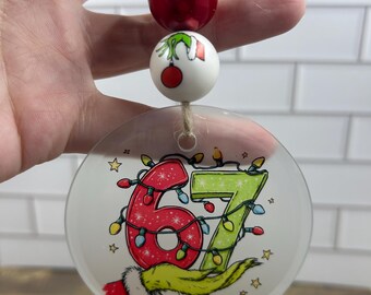 Funny 67 Christmas Ornament, Beaded glass Ornament, Holiday Trend 2025, Frosted Glass round ornament