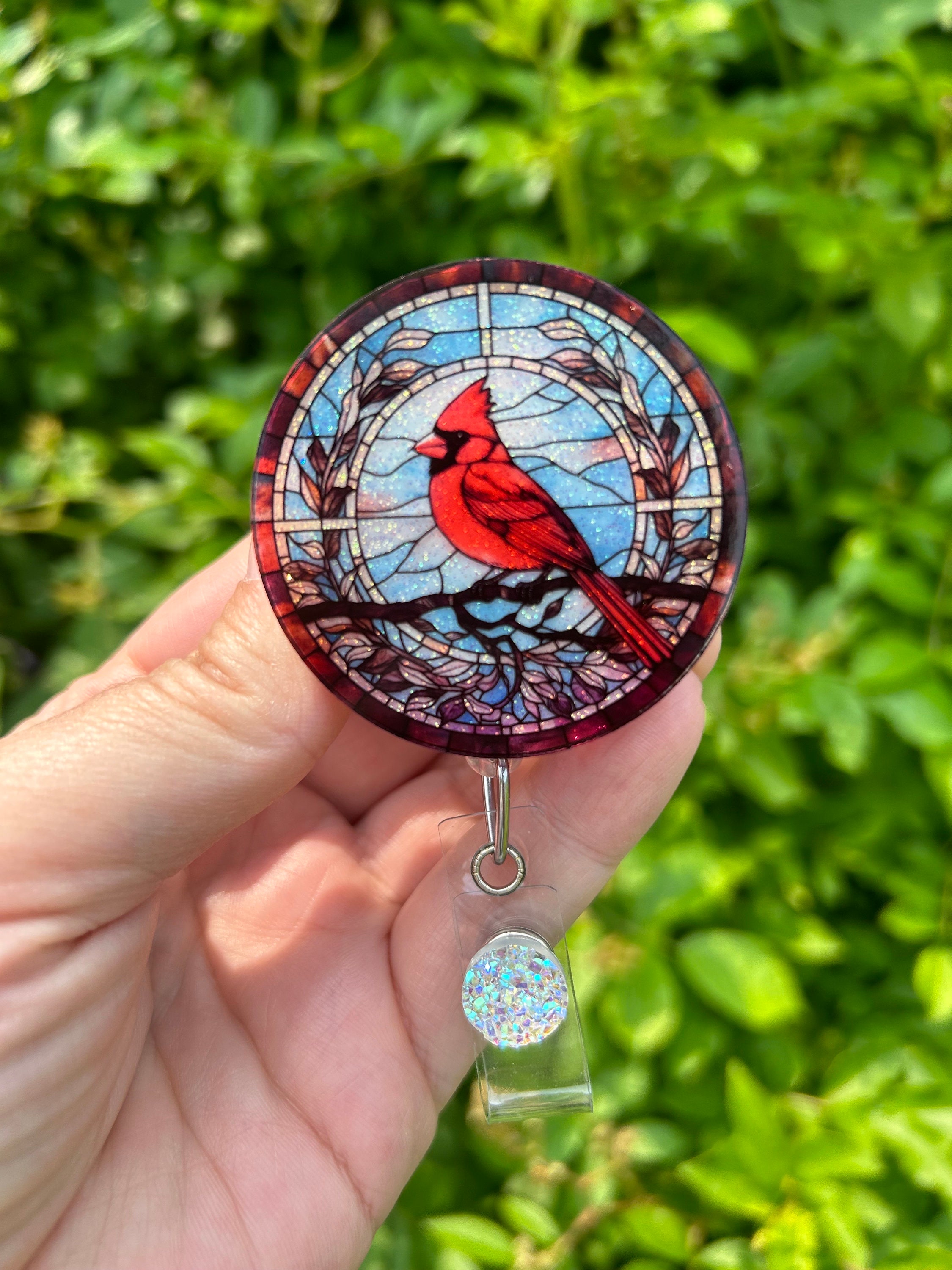 Stained glass Cardinal badge reel, Cardinal badge reel, ID holder, Badge  holder, Retractable reel, Gift idea, Bird, Interchangeable