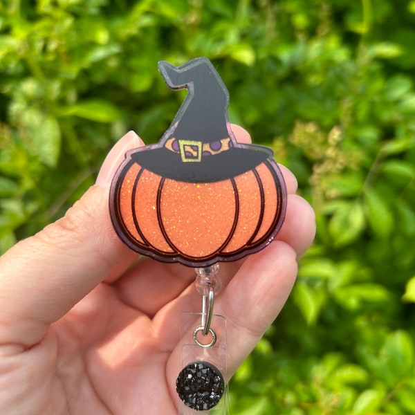 Pumpkin witch hat badge reel, witch, Halloween, Halloween badge reel, Badge holder, ID holder, Retractable reel, Gift Idea, spooky, pumpkin