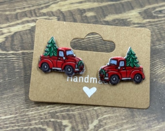 Red Truck with Tree studs, Shrink Plastic Studs, Holiday Farmhouse Jewelry, Christmas Earrings
