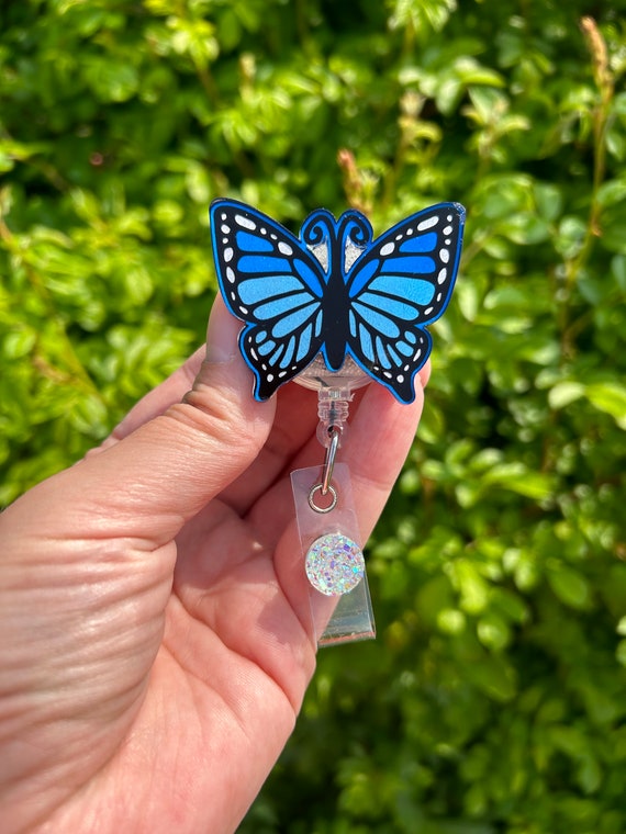 Blue Butterfly Badge Reel, Butterfly, Glittered Badge Reel