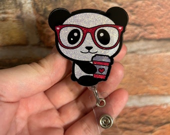 Panda bear coffee cup badge reel, panda, retractable reel, badge holder, medical assistant, doctor, CNA, acrylic badge reel, barista