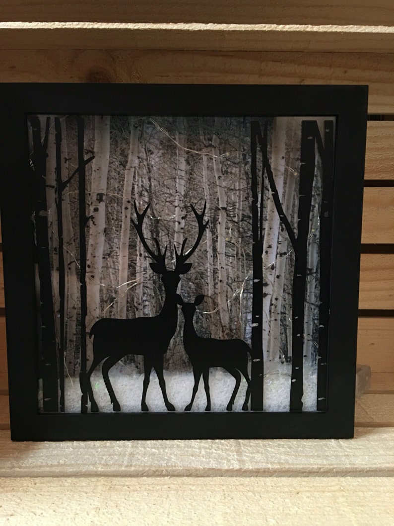 Deer lighted shadow box 8x8 Night light christmas decor | Etsy