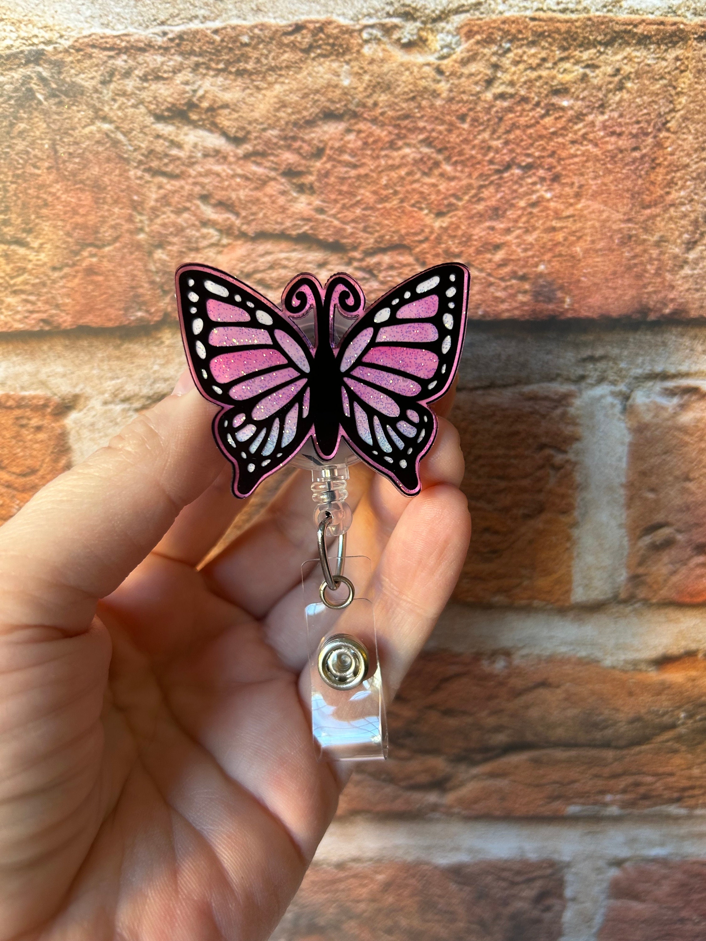 Pink Butterfly Badge Reel, Butterfly, Glittered Badge Reel, Retractable Reel, Badge Holder, ID Holder, Nurse, Interchangeable