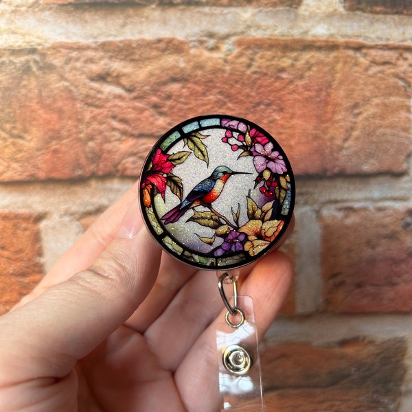 Stained glass Hummingbird badge reel, hummingbird, ID holder, Badge holder, Retractable reel, Gift idea,  Interchangeable, Bird