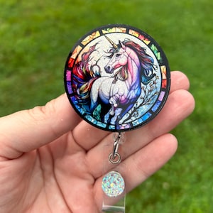 Stained glass Unicorn badge reel, ID holder, Badge holder, Retractable reel, Gift idea, Unicorn, Unicorn lover, Interchangeable